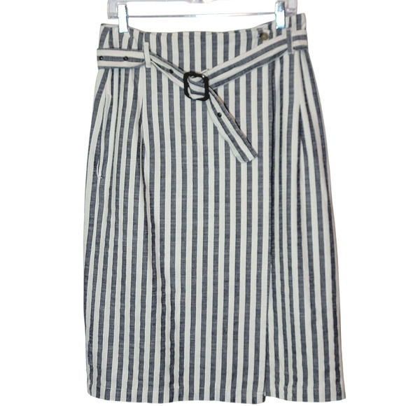 Anthropologie Striped Pencil Skirt Wrap Belted Midi Knee Length Blue & White 10 - Picture 1 of 14